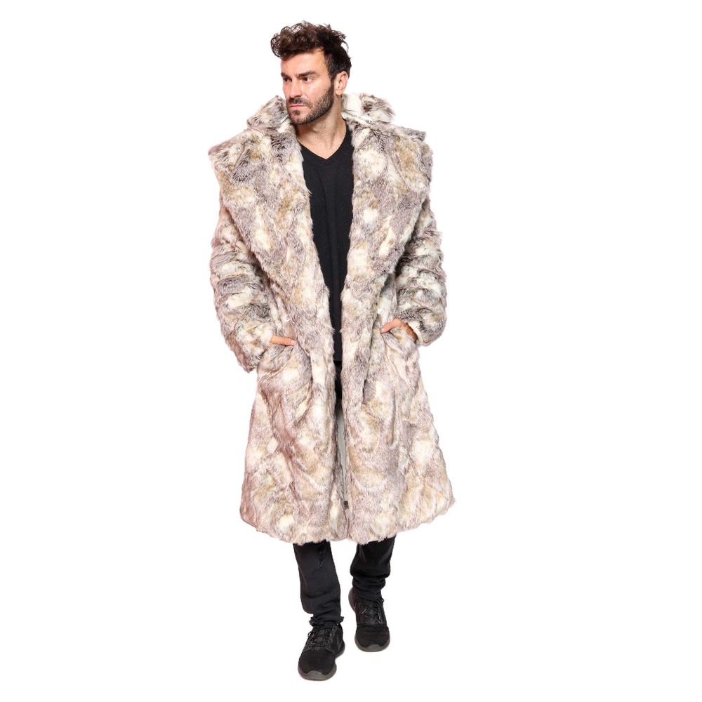 FURROCIOUS FURR Men’s Faux Fur Ivory/ Gray Long Coat for Festivals, Burning Man